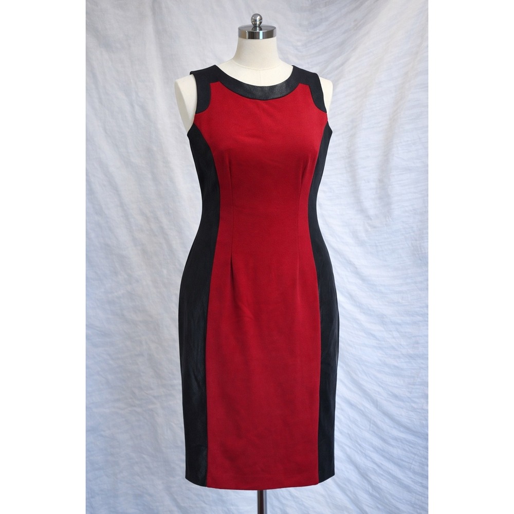 Ronni‎ Nicole Sheath Dress Women 6 Red  Faux Leather Colorblock Sleeveless